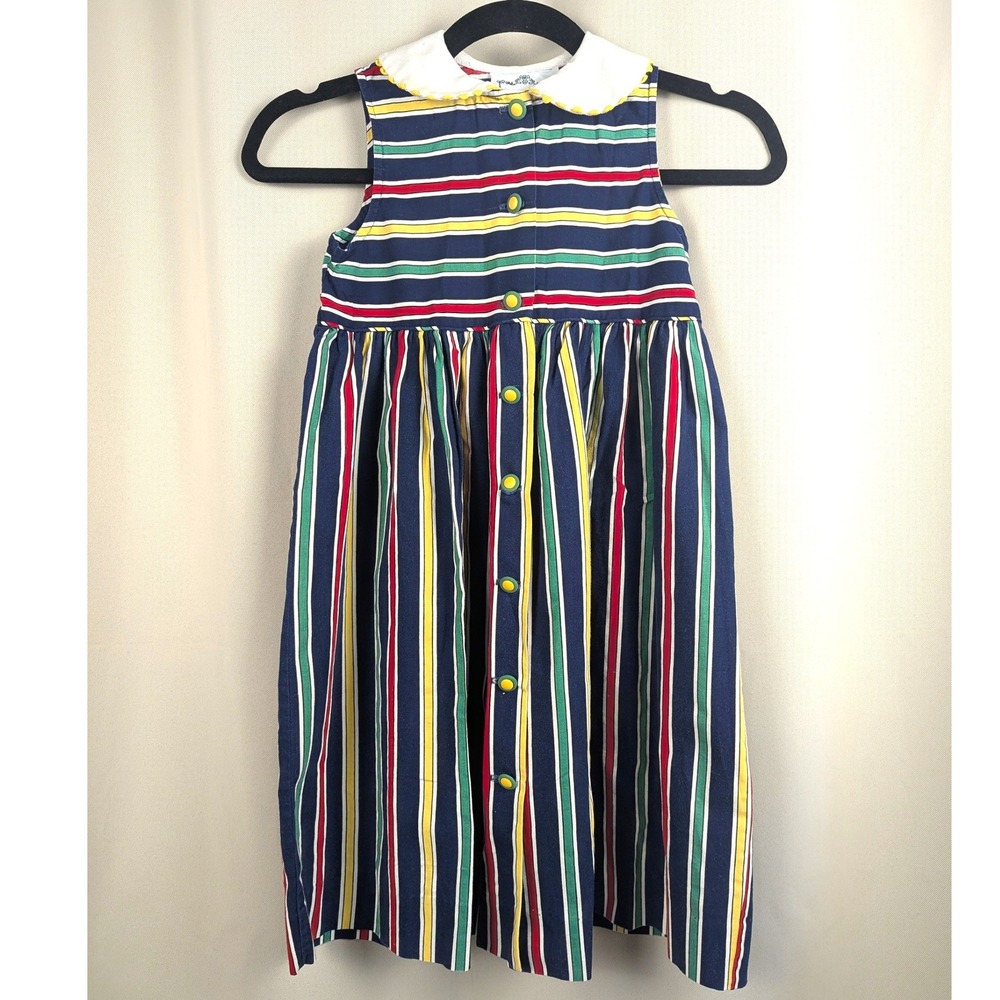 VTG 90s Catherine Rebecca Girls 6X Primary Stripe Cotton Dress Peter Pan Collar